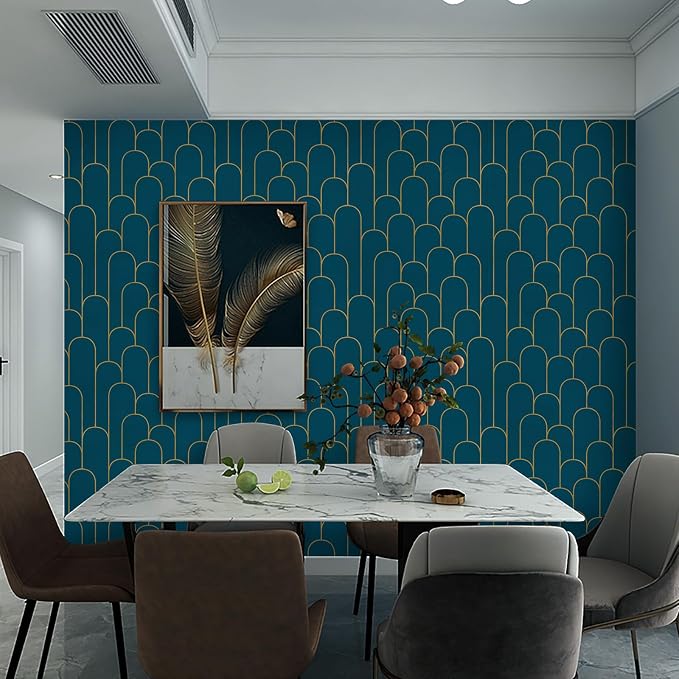 Yasinet Peel and Stick Wallpaper Stripe Removable Blue Contact Paper Blue/Gold Geometric Self Adhesive Decorative for Wall Countertop Cabinet Furniture Vinyl Film 17.3''x393.7''