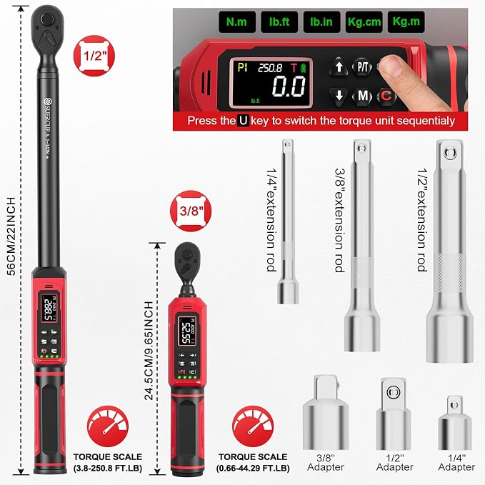 3/8" 1/2" Digital Torque Wrench, 0.66-44.29Ft.Lb & 3.8-250.8Ft.Lb | ±1% Accuracy, 0.9-60N.m & 5.1-340Nm Electric Torque Wrench Set, for Auto Repair, Lug Nuts, Engine, Suspension, Moto & Bicycle