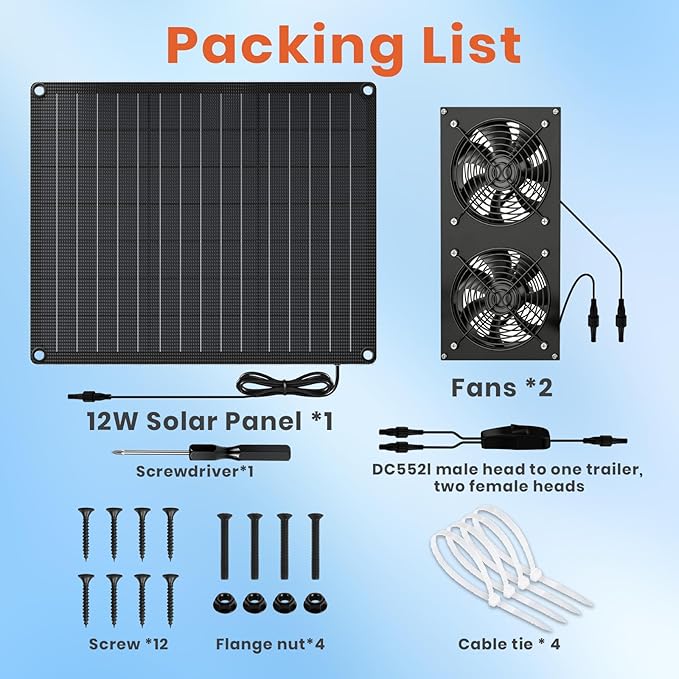 FlexSolar 12W Solar Panel Powered Fan Kit, Dual Waterproof IP65 Fans, 2500RPM High Speed, Solar Exhaust/Intake Fan for Chicken Coop, Greenhouse, Dog House, Pet House, Outdoor Shed Ventilation