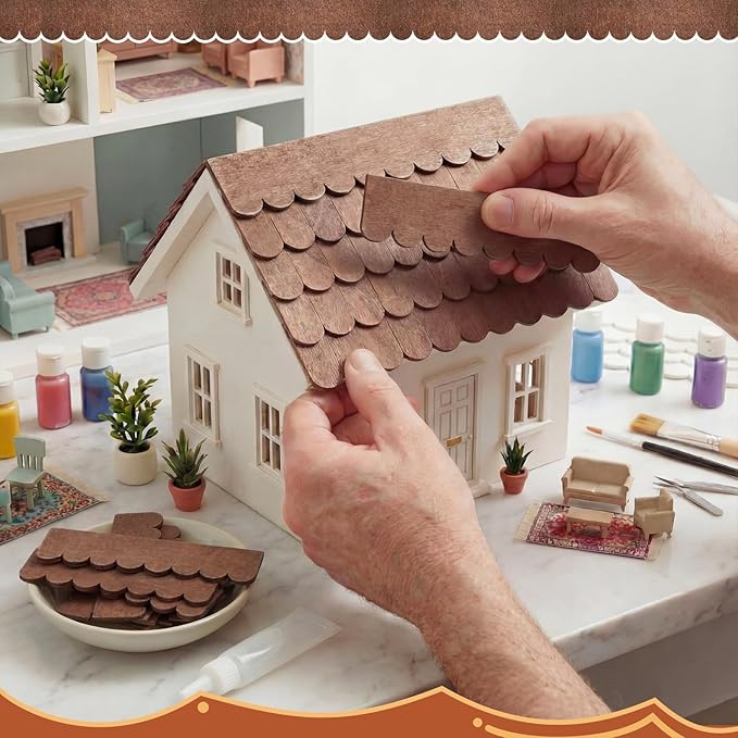 Wenqik 50 Strips Dollhouse Roof Shingles 4.25 x 1.14 Inches Each Mini Fish Scale Wooden Dollhouse Miniature Roofing for 1: 12 Scale Doll House Projects DIY Miniature Landscapes (Brown)