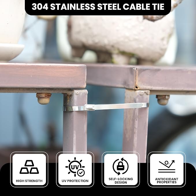 100 PCS 11.8 Inch 304 Stainless Steel Metal Zip Ties – Heavy Duty Outdoor Cable Ties with Self-Locking Design for Machinery, Vehicles, Farms, Pipes, Roofs, Cables