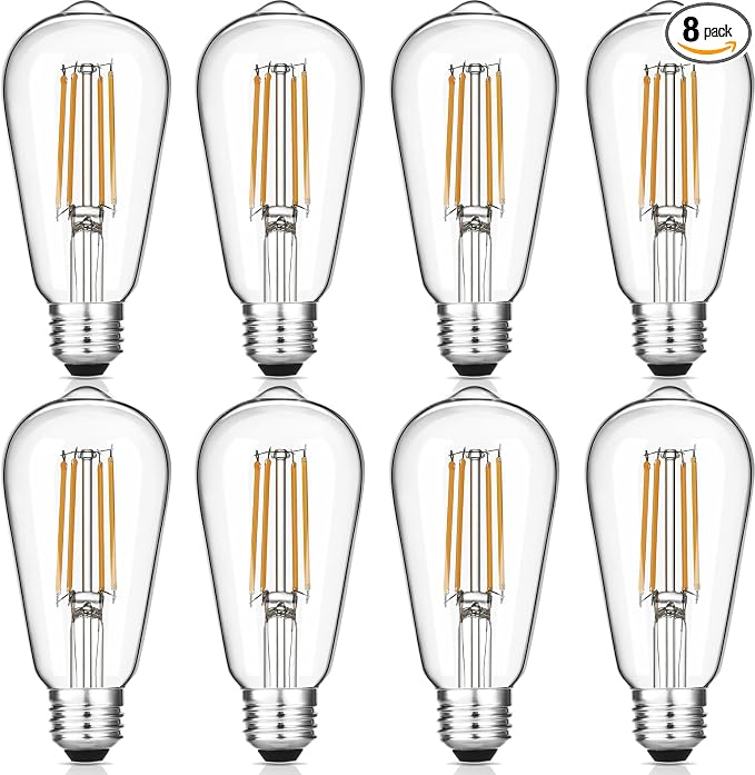 Gozelux Vintage LED Edison Bulbs, 6W, Equivalent 60W, Dimmable, Warm White 2700K, ST58 Antique LED Filament Bulbs with 90+ CRI, E26 Medium Base, Clear Glass, 8 Count (Pack of 1)