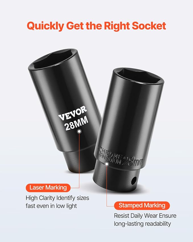 VEVOR 91-Piece 1/2" Drive Impact Socket Set, Deep & Shallow Kit | SAE (5/16" to 1-1/4") & Metric (8 to 32 mm), 6 Point, CR-V, Ratchet Handle, Universal Joint, Adapters, Extension Bars