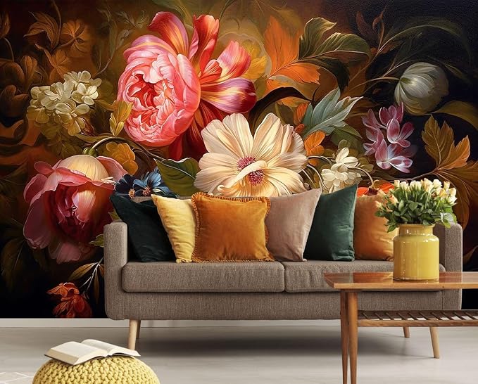 Toolhom Hand-Painted Watercolor Rose Peony Leaves Flower Mural | 149"x96" non-self-adhesive assorted colors flower wallpaper , can be affixed to the living room bedroom walls