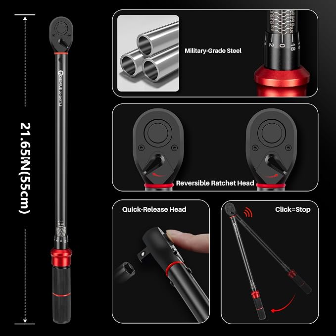 1/2-Inch Drive Click Torque Wrench-20-260 Ft-Lb for Motorcycle Car | Dual-Direction Adjustable 72 Tooth Torque Wrench(27-352.3Nm), Dual Range Scales,High 3% Precision for Truck Wheel Repair DIY