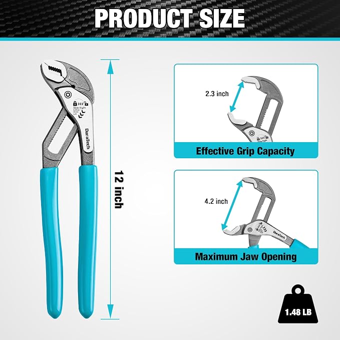 DURATECH 12-Inch Water Pump Pliers, Quick-Adjust Groove Joint Pliers | Tongue and Groove Pliers, Slide-to-Unlock Mechanism, V-Jaw Design, Cr-V Steel, For Plumbing, Automotive and Household Repairs