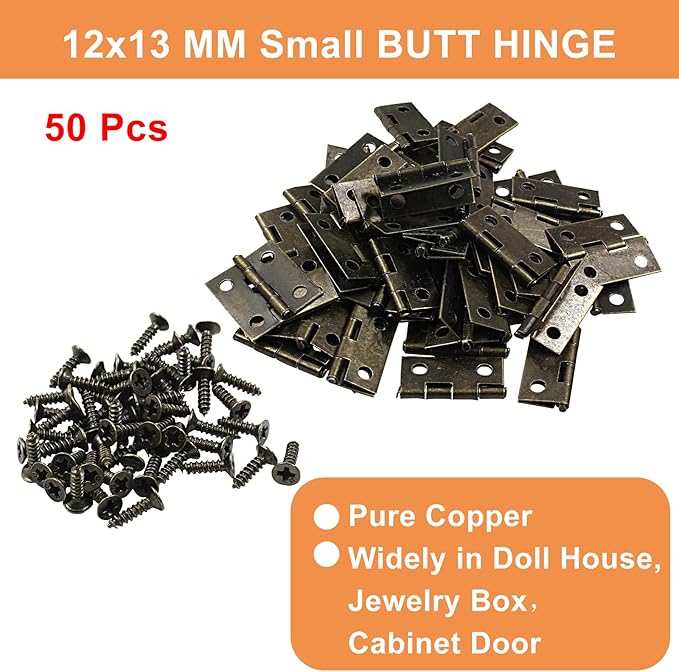 50 Mini Hinges, 0.73"x0.59", Bronze Butt, Tiny with Storage Box, Solid Copper DIY Hinges for Mini Cabinet, Jewelry, Wooden Box