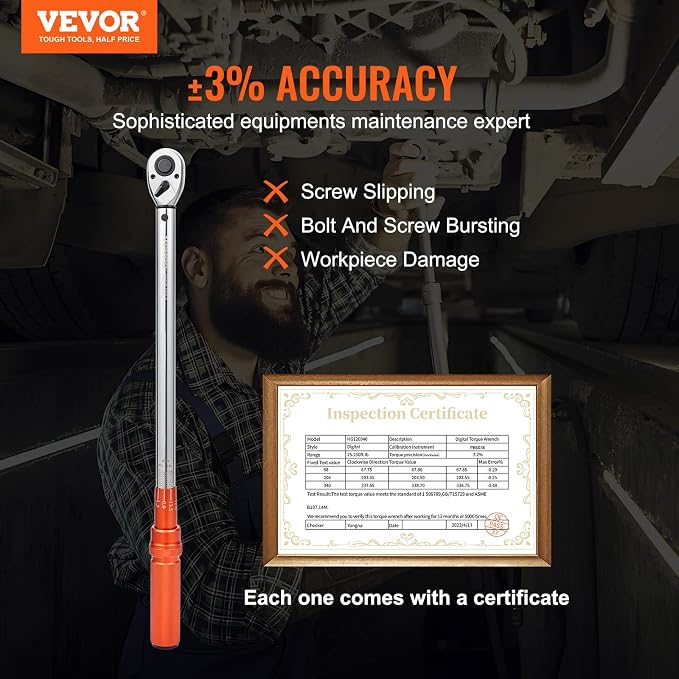 VEVOR 1/2-inch Drive Click Torque Wrench 25-250ft.lb/34-340n.m, Dual-Direction Adjustable Torque Wrench Set with Mechanical Dual Range Scales and Adapters Extension Rod