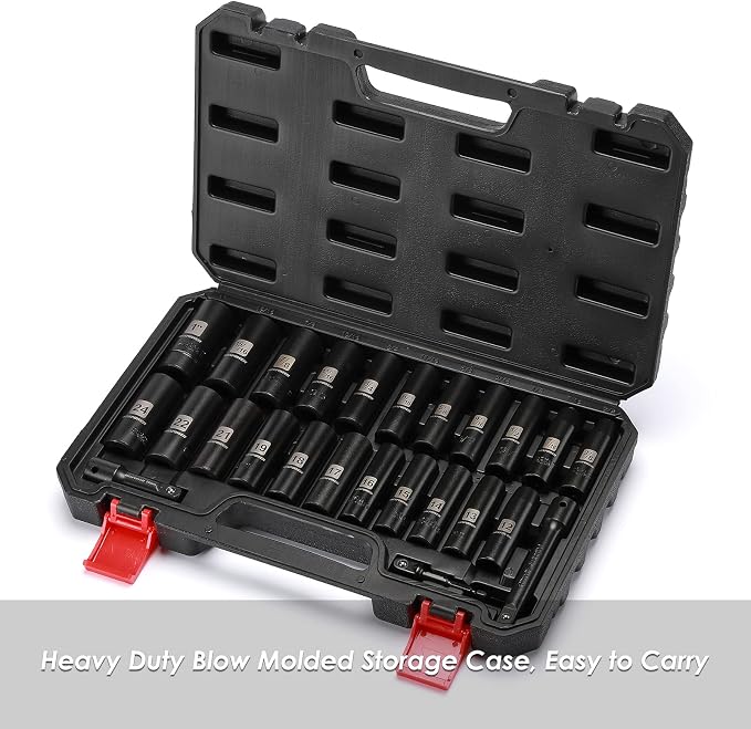 MIXPOWER 25 Pieces 1/2-Inch Drive Deep Impact Socket Set, CR-V, Metric/SAE, Includes 12mm to 24mm, 3/8-Inch to 1-Inch, 3", 5" Extension bars, 1/2"-1/4" Adapter