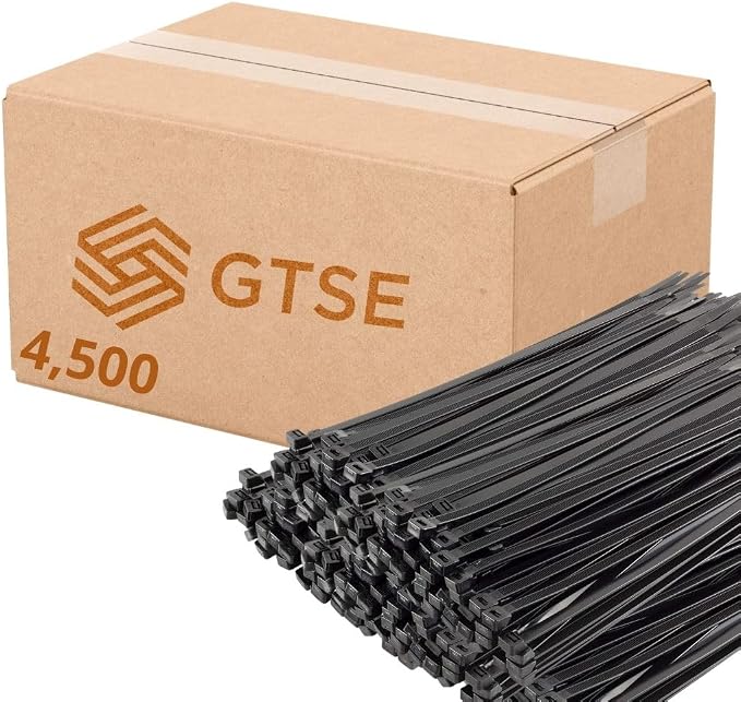 GTSE 12 Inch Black Zip Ties, 4,500 Bulk Contractors Pack, 120lb Strength, UV Resistant Long Nylon Cable Ties, Self-Locking 12" Tie Wraps, Full Carton