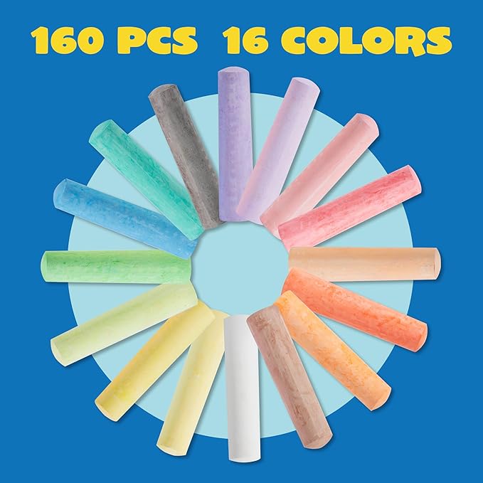 JOYIN 160 PCS Sidewalk Chalks Set-16 Colors Non-Toxic Washable Jumbo Chalk for Outdoor Art Play, Painting on Chalkboard, Blackboard and Playground