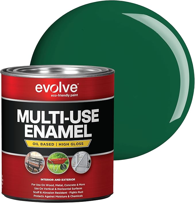 EVOLVE Multi-Purpose Alkyd Enamel – Interior Exterior Oil-Based Paint for Wood, Metal, Concrete, & Masonry, High-Gloss, Rust & Abrasion Resistant (Hunter Green, 1 Quart)