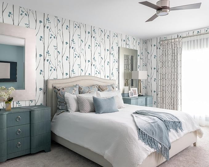 Timeet 16."x393.7"Blue Wallpaper Peel and Stick Wallpaper Leaf Wallpaper Floral Leaf Wallpaper Blue White Contact Paper Removable Wallpaper Self Adhesive Wallpaper Bathroom Wallpaper