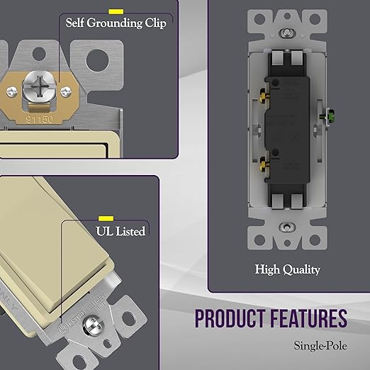 ENERLITES Decorator On/Off Paddle Switch with Wall Plates, Single Pole, 3 Wire, Grounding Screw, Residential Grade, 15A 120V/277V, UL Listed, 91150-IWP-10PCS, Ivory (10 Pack)