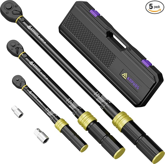 5Pcs 1/4 3/8 1/2-inch Drive Click Torque Wrench Set, ±3% Accuracy | 20-240in.lb, 10-110Ft.lb, 30-250Ft.lb, 72-Tooth Quick Release, Dual Scale, for Bike, Motorcycle, Car, SUV, Truck, RV, Towing