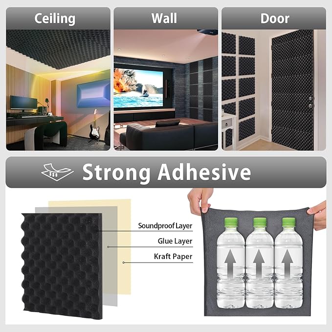 SD SODOCT 24 Pack Self-Adhesive 12" X 12" X 1.2" Egg Crate Soundproof Wall Panels for Studio, Room Acoustic Treatment Foam, Sound Absorbing Foam Black