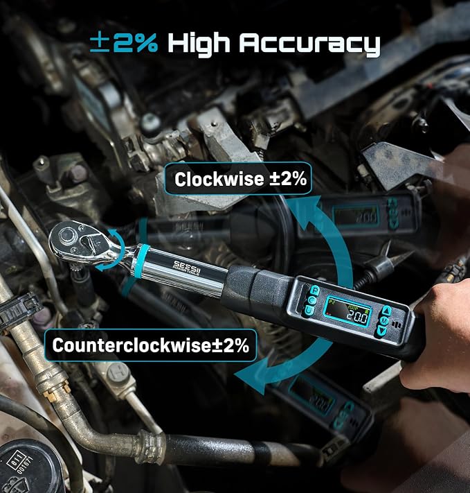Seesii 3/8" Digital Torque Wrench, 0-162 ft-lb/0-220 N·m, ±2% Accuracy | Buzzer & LED Alert, Peak & Track Mode, Dual Direction Ratchet, 5 Units of Measure, for Bike, Motorcycle, Automotive Repair