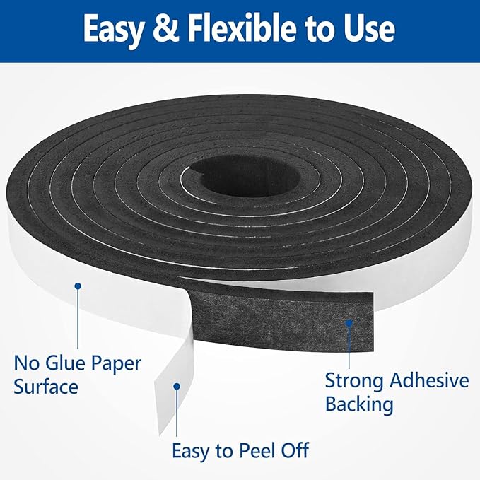 Self Adhesive Foam Tape Weatherstrip 1/2In x 1/4In x 8.5Ft High Density Foam Insulation Strips for Door and Window Sound Isolation Soundproofing