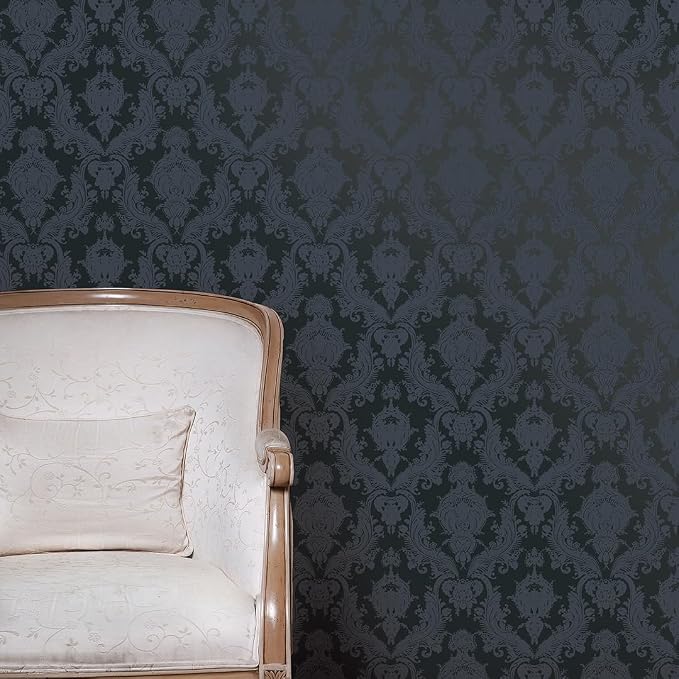 Tempaper Textured Black Damsel Removable Peel and Stick Damask Wallpaper, 20.5 in X 16.5 ft, Made in the USA