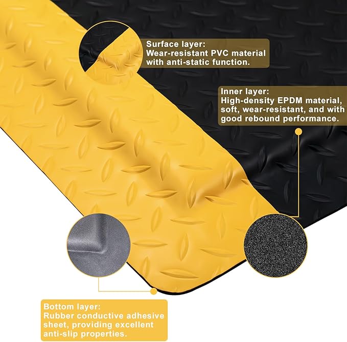 Anti Fatigue Mats Industrial 3 x 5 Ft, 15/16'' Thick Ergonomic Standing Floor Mat Heavy Duty Commercial Diamond Plate Vinyl Non Slip Safety Ergonomic Standing Garage Mat