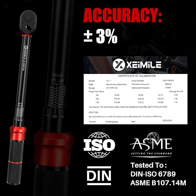 1/2-Inch Drive Click Torque Wrench-10-170 Ft-Lb for Car Motorcycle | Adjustable Inch Pound Torque Wrench(13.6-230.5Nm),72T Dual-Direction Dual Range Scales,3% Precision for Bike Lug Nut Pipe DIY