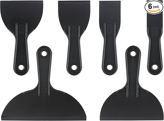6 Pack Plastic Putty Knife, Durable Plastic Scraper Tool with No-Slip Grip for Spackle, Spreader, Non Scratch and Easy Cleaning Spackle Knife, Putty Knife Set, Black