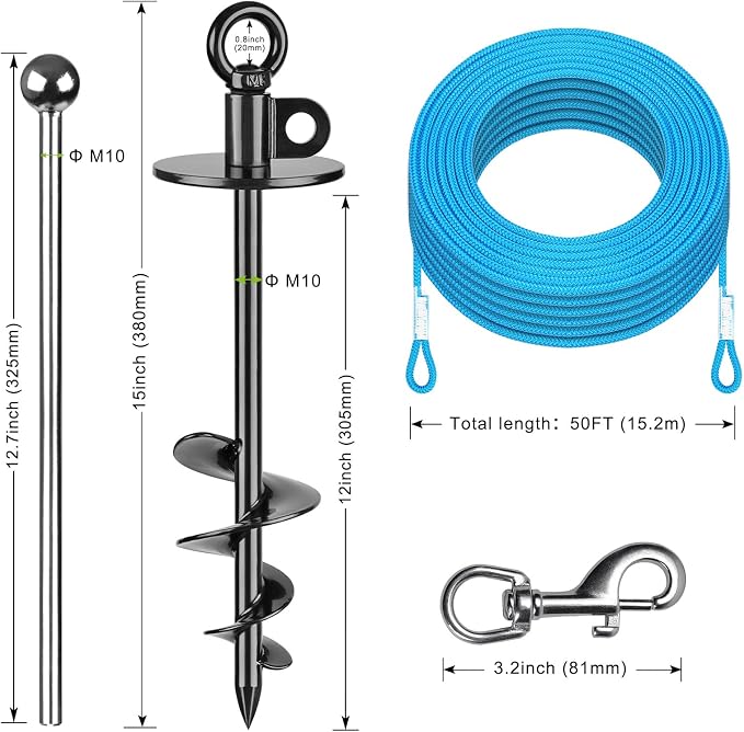 Dog Tie Out Cable and Stake, 50ft Dog Lead, 15" Heavy Duty Dog Anchor for Dogs Up to 125lbs, No Tangle, Dog Runner for Yard and Camping
