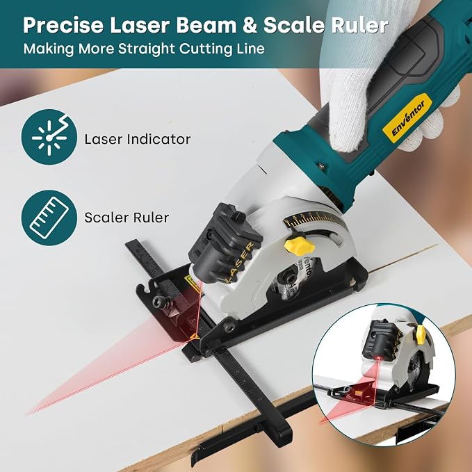 Enventor 4.8A Mini Circular Saw Corded with Laser Guide, 3 Saw Blades | 3-3/8" Power Electric Circular Saw Compact for Wood, Soft Metal, Tile, Plastic, Max Cutting Depth 1-1/16"
