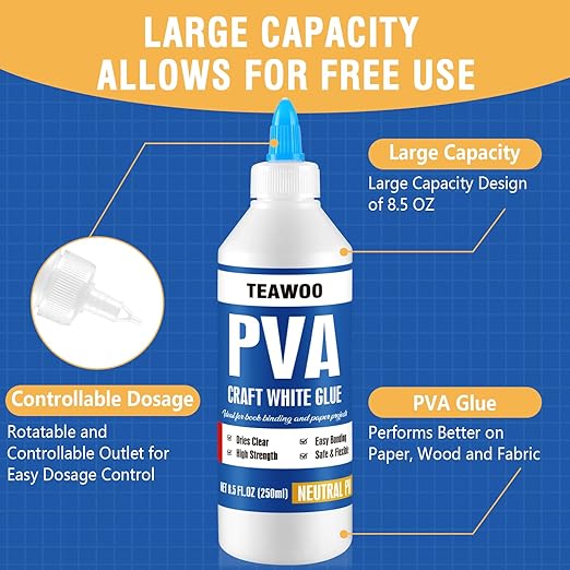 TEAWOO Book Repair & Binding Glue Kit – 8.5 Oz + 2×1.35 Oz Acid-Free PVA Adhesive – Neutral pH, Dries Clear & Flexible for Books, Crafts, Collages & Paper Art, Used for Bookbinding and Book Repair