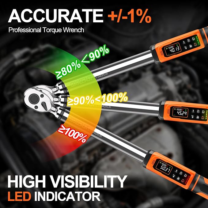 coobeast 1/2 Drive Digital Torque Wrench(3.76-250.8 Ft.lbs./5.1-340Nm) | Preset Value Torque Wrench with ±2% accuracy, Buzzer and LED Flash Five Units of Measure for Motorcycle, Auto Repair