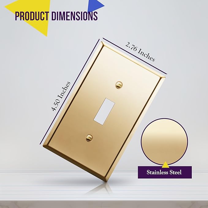 ENERLITES Toggle Light Switch Metal Wall Plate, Stainless Steel Switch Cover, Corrosion Resistant, Standard Size 1-Gang 4.50" x 2.76", Stainless Steel 201, 7711-PB, Polished Brass, Gold