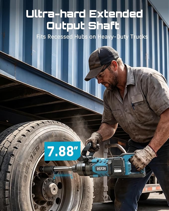 Seesii Cordless 1 inch impact gun 2581.47 FT-LBS(3500 N.m) High Torque Impact Wrench 7.88" Extended Anvil with 21V 2x5.0 Ah Battery, 5 Sockets&storage bag, for Truck,Tractor&Agri-Service,Construction
