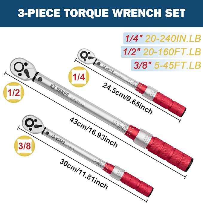 VANPO 3Pcs Torque Wrench 1/4&3/8&1/2"-20-240in-lb, 5-45ft-lb, 20-160ft-lb | ±3% Accuracy, Click, Dual Direction, 72-Tooth Ratchet, for Bike, Motorcycle, Car & Automotive Use