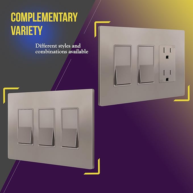ENERLITES Screwless Triple Decorator Switch Cover, Three Gang Wall Plate, Gloss Finish, Mid-Size 3-Gang 4.88" x 6.77", Unbreakable Polycarbonate Thermoplastic, UL Listed, SI8833M-NK, Nickel