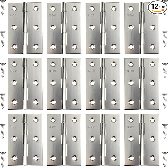 12 Pack Stainless Steel Folding Hinges, 3 Inch Door Hinges, Small Cabinet Hinges with 72 Screws for Wooden Cabinets, Boxes, Crafts and Lightweight Projects