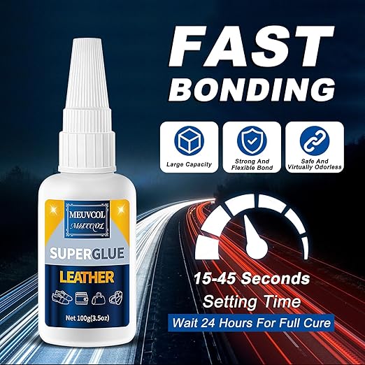 Meuvcol Leather Glue 100g, Fast-Setting Leather Repair Adhesive for Purses, Shoes, Car Seats, Suede & Upholstery, Clear-Drying Strong Bond for Leather, Includes 6 Precision Tips