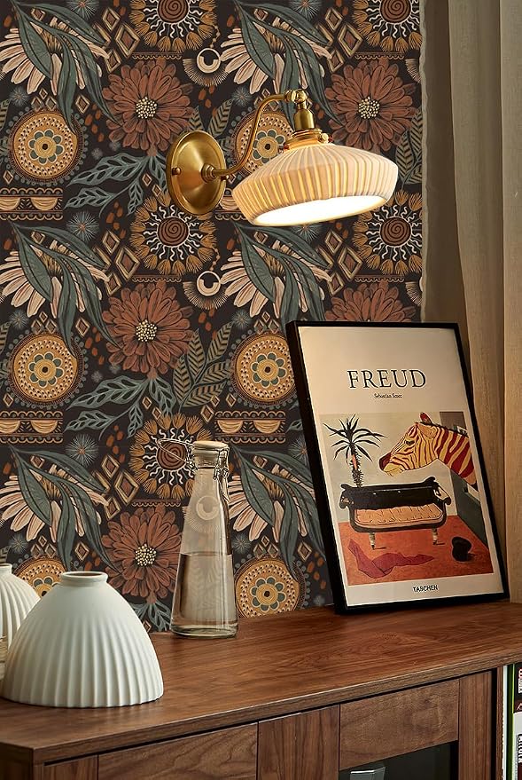 Boho Floral Peel and Stick Wallpaper Vintage Botanical Brown DIY Decor | oho Floral Peel and Stick Wallpaper Vintage Botanical Brown DIY Decor