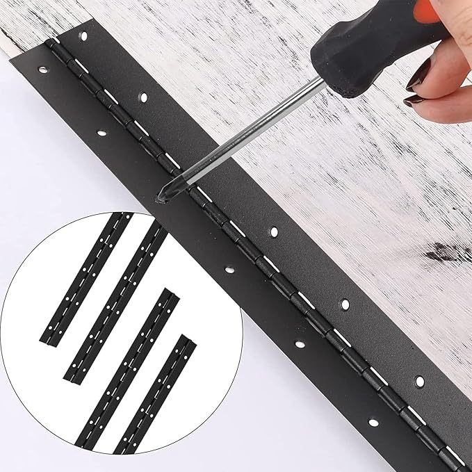 12 Inch Black Continuous Piano Hinges 2 Pack, Heavy Duty Stainless Steel Furniture Hinges 0.05" Thickness 1.2" Open Width with 24 Mounting Screws for Folding Cabinet Doors