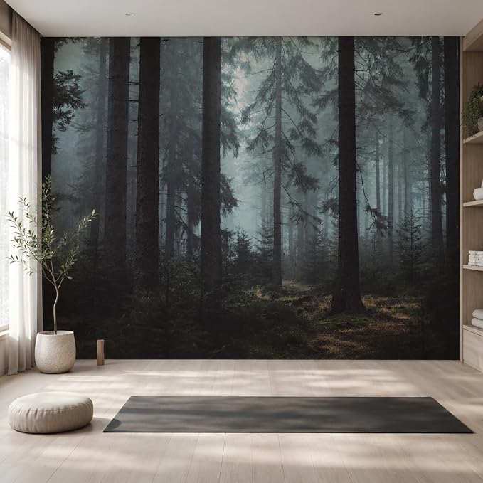Foggy Forest Wall Murals Peel and Stick 148" W x 98" H | Misty Woodland Tree Self Adhesive Renter Friendly Wallpaper for Bedroom Living Room