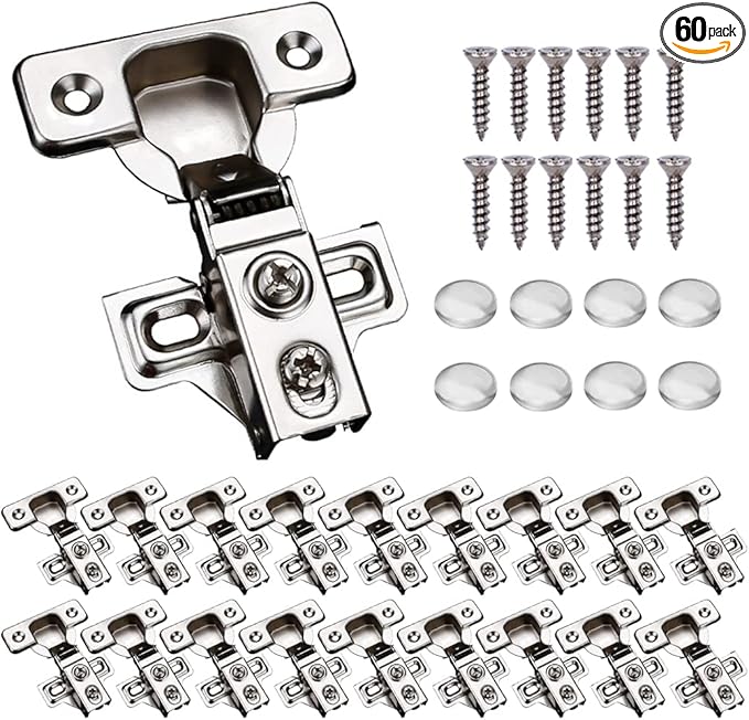 60 Pack Soft Close Cabinet Door Hinges for 1/2" Partial Overlay Cupboard, 100 Degree Opening Angel, Stainless Concealed Kitchen Cabinet Hinges with Mounting Screws and Manual