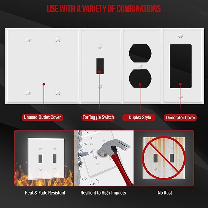 ENERLITES Double Toggle Light Switch Metal Cover Plate, Wall Plate, Corrosion Resistant, Standard Size 2-Gang 4.50" x 4.57", Powder Coated Stamped Steel, 7712-WG, White Gloss (Pack of 1)