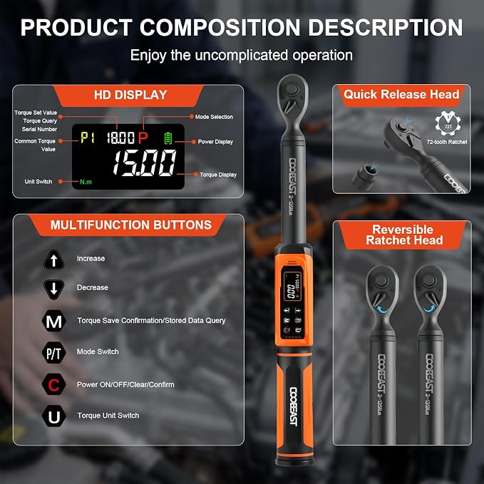 Digital Torque Wrench 3/8 Drive,Preset Value(1.5-99.5Ft-lbs./2-135 Nm) | Buzzer and LED Alert,±2% High Accuracy,72-Tooth, Quick Release,Reversible,Large Screen,for Bike Motorcycle,Gift for Men,DIY