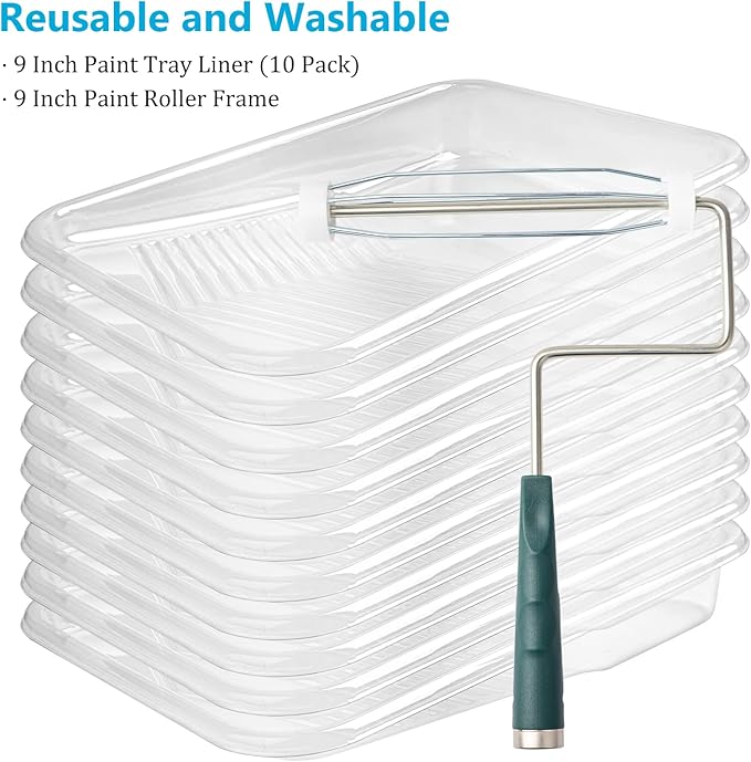 Mister Rui 12 Pack 9 Inch Disposable Paint Tray with Liner and 5 Wire Roller Frame, Plastic Washable and Reusable, Textured Deep Capacity Paint Tray