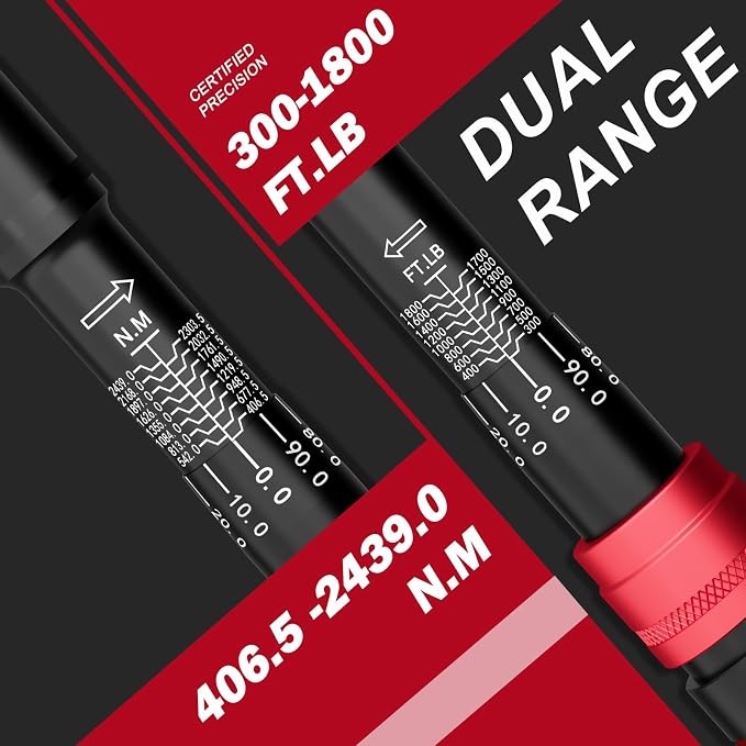 VANPO 1" Drive Torque Wrench 300-1800 Ft-Lb, 70.9" Leverage | 24-Tooth, Heavy-Duty Torque Wrench Set with Hex Key for Industrial Equipment, TTrucks,Excavator