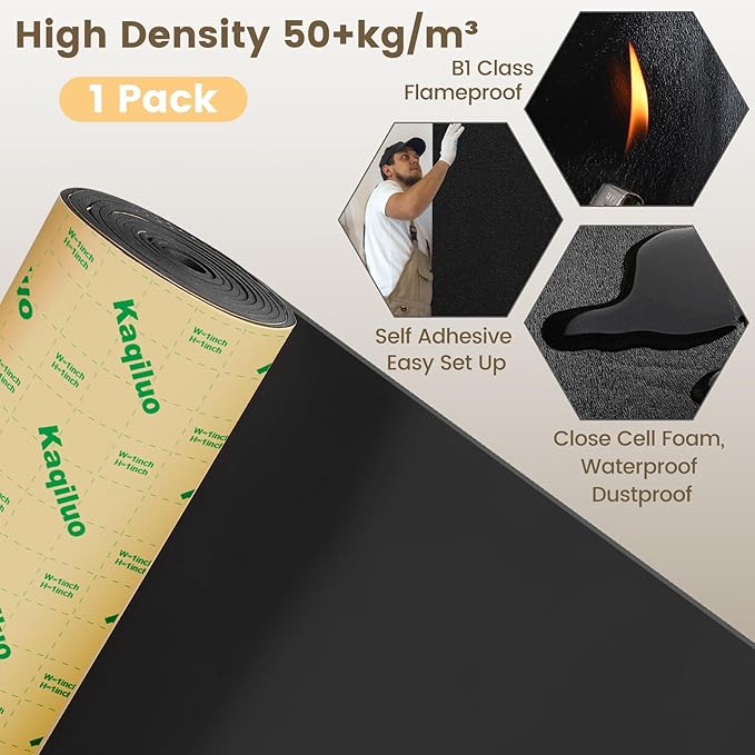 Kaqiluo Self-Adhesive Sound Insulation Acoustic Foam,73.2sqft x 0.4in Thick,50+kg/m³ ,Sound Proof Padding,Fire,Water Resistant ,Thermal Insulation,Cold Proof Acoustic Treatment Foam