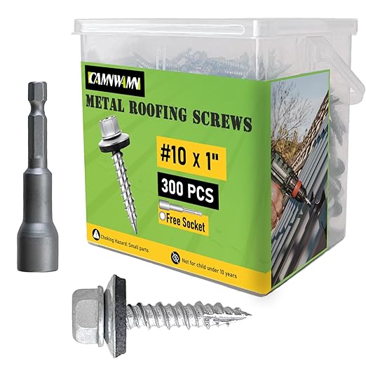300 Pcs, #10 x 1 Inch Hex Head Metal Roofing Screws, Zinc Plated Sharp Point Sheet Metal Roof Screw with Rubber Washer, Self Tapping Metal to Wood Siding Screws, Hex Socket Included