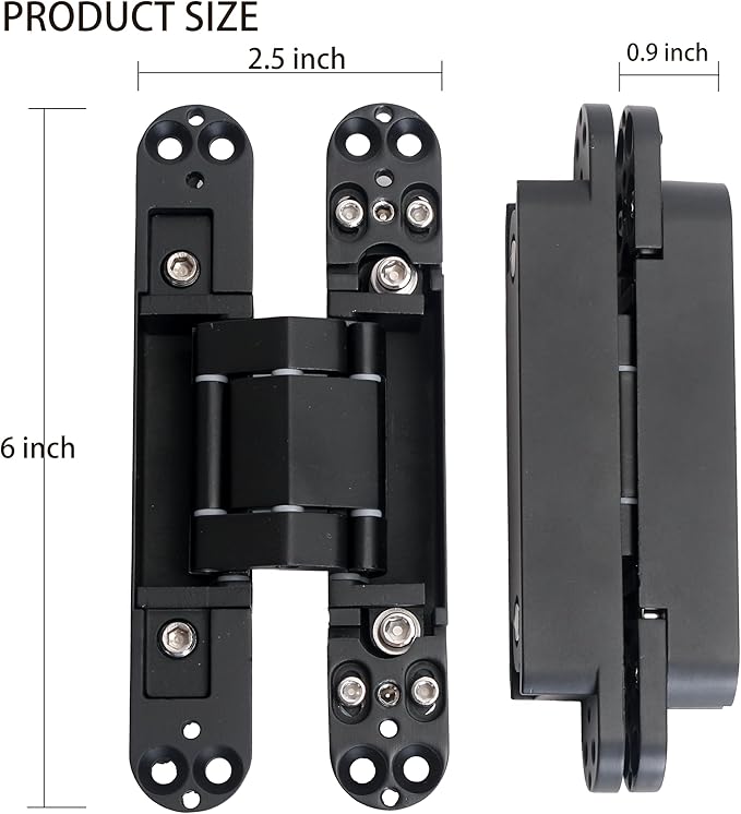 4-Pack 6 inch Hidden Door Hinges Heavy Duty Black, Invisible Concealed Hinges Zinc Alloy 6''x 2.5''x1Inch, Concealed Hinge 180 Degree Swing Hinge, 3 Way Adjustable with Pins and Screws