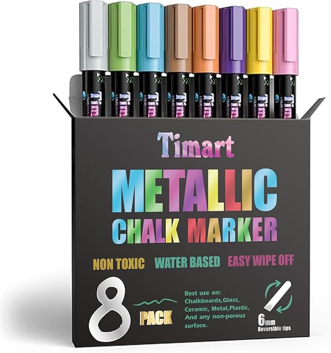 Timart Metallic 8 Pack Liquid Chalk Markers, Bold Wet & Dry Erase Marker Pens for Chalkboards Signs, Blackboards, Windows, Glass- 6mm Reversible Tip