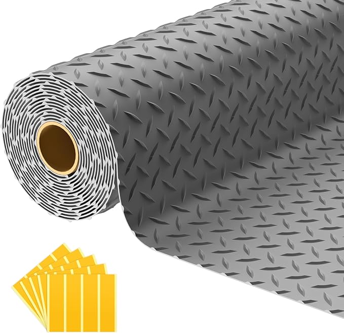 7.5x25 FT Garage Floor Mat, 2.8mm Thickened PVC Flooring Roll for Under Car, 188 SQFT Diamond Plate Gray Garage Mats for Garage, Warehouse, Basement, Gyms, Trailer（Included Tapes）