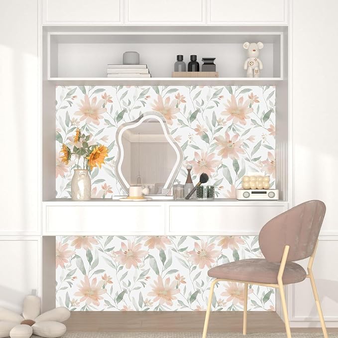 Light Color Floral Pink Flower Peel and Stick Wallpaper 17.5''x118'' | Self Adhesive/Removable/Waterproof/Thick Vinyl Contact Paper for Bathroom Bedroom Shelf Cabinet Drawer,Prepasted,Easy Peel